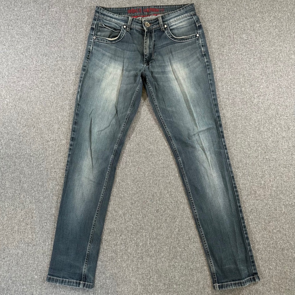 Indigo Nation Mens Slim Straight Blue Jeans Faded Denim Y2K Style 30x31